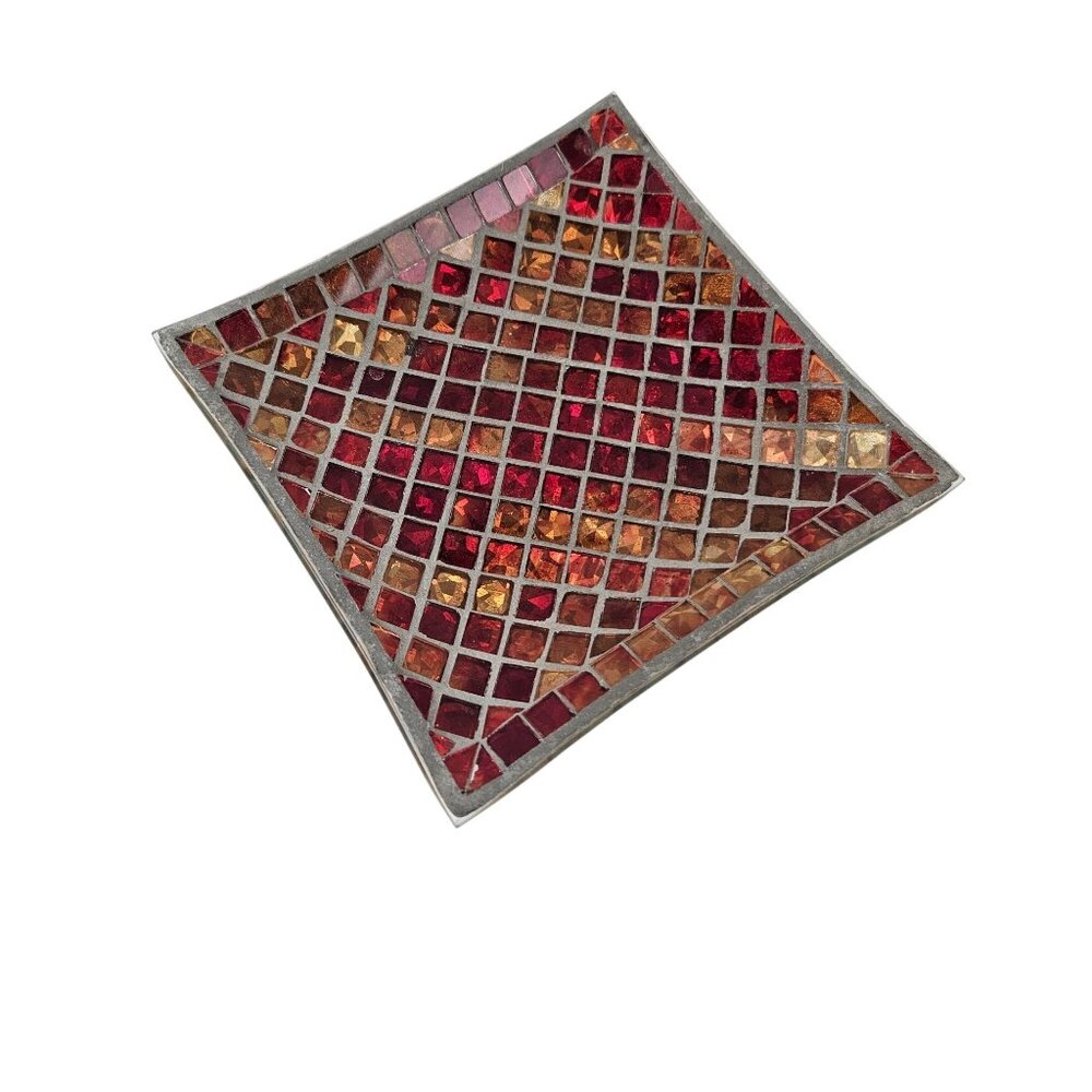 Yankee Candle Red Gold Mosaic Glass Square Decorative Dish UnderPlate 2012
